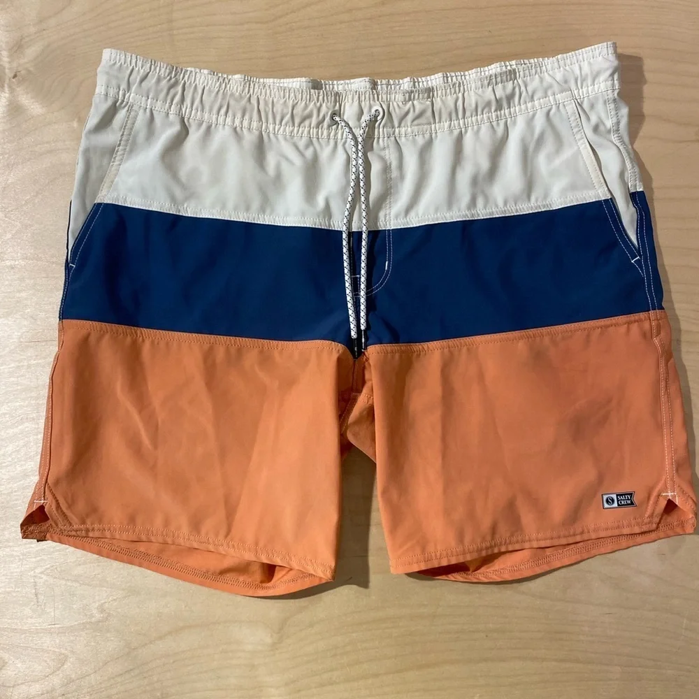 Salty Crew Men's Swim Trunks - Orange, Blue, and Cream Large (C)
